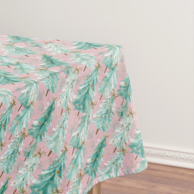 Launische Türkis-Weihnachtsbäume auf Rosa  Tischdecke (Beispiel)