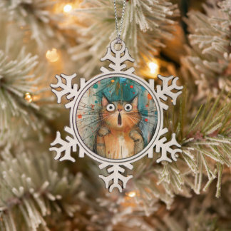 Launische überraschte orange Weihnachtsbaumkatze Schneeflocken Zinn-Ornament