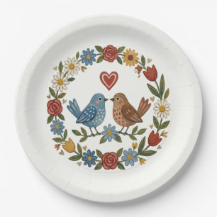 Launische Volkskunst Vögel & Floraler Kranz Hochze Pappteller