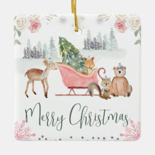 Launische Waldtiere Weihnachtsschlitten Keramikornament