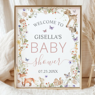 Launische Waldtiere Wildblumen-Baby-Party Poster