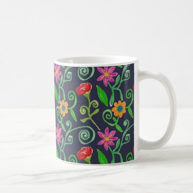 Launische Wasserfarben-Blumen Navy Blau Kaffeetasse (Rechts)