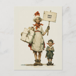 Launische Weihnachtselfen mit leerem Schild Postkarte