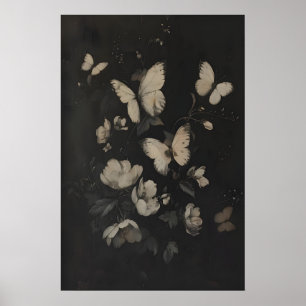 Launische weiße Schmetterlinge und Blumen dunkel Poster