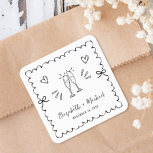 Launische Wellenrahmen Champagner Toast Hochzeit Quadratischer Aufkleber