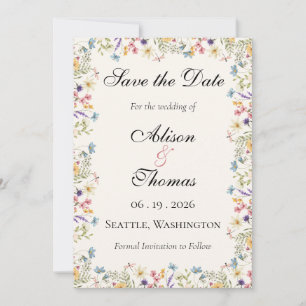 Launische Wiesenhochzeit mit Wildblumen Save The Date