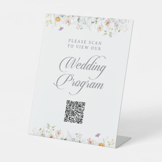 Launische Wildblumen-QR-Code-Hochzeitsprogramm Sockelschild (Vorderseite)