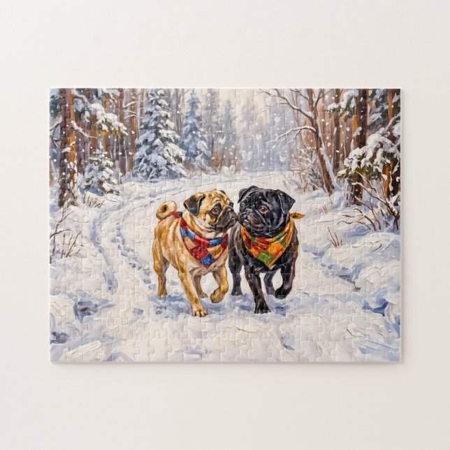 Launische Winterwald-Mops-Hunde-Illustration Puzzle (Horizontal)