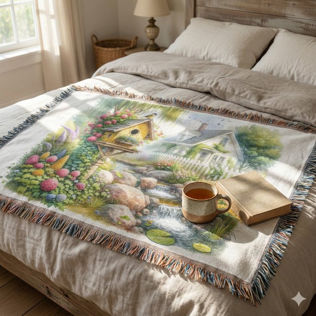 Launischer Cottage-Garten-Vogelhaus-Bach Decke (Whimsical Cottage Garden Birdhouse Stream Throw Blanket )