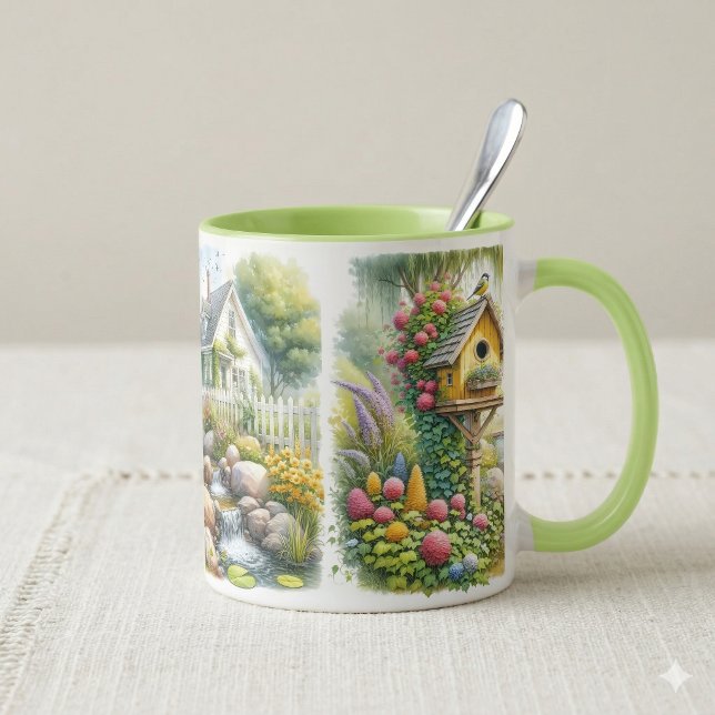 Launischer Cottage-Garten-Vogelhaus-Bach Tasse (Whimsical Cottage Garden Birdhouse Stream Mug
)