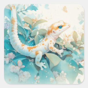 Launischer Gecko zwischen sanften Pastellblättern Quadratischer Aufkleber