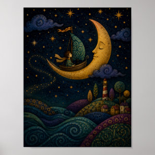 LAUNISCHER JUNGE SEGELT AUF GOLDENEM HALBMOND POSTER