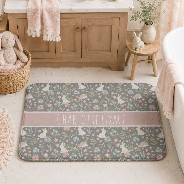 Launischer Mädchenname Boho-Blumen-Hasen-Kinderzim Badematte (Von Creator hochgeladen)
