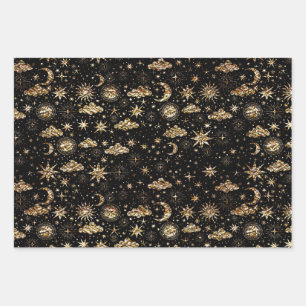 Launischer Stern Mond Planeten Gold auf Schwarz Geschenkpapier Set