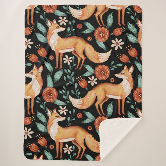 Launischer Wald Fuchs & Blumenmuster Sherpadecke (Vorderseite)