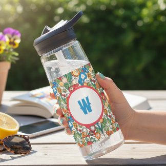 Launisches Blumen-Doodle-Muster mit Monogramm Trinkflasche