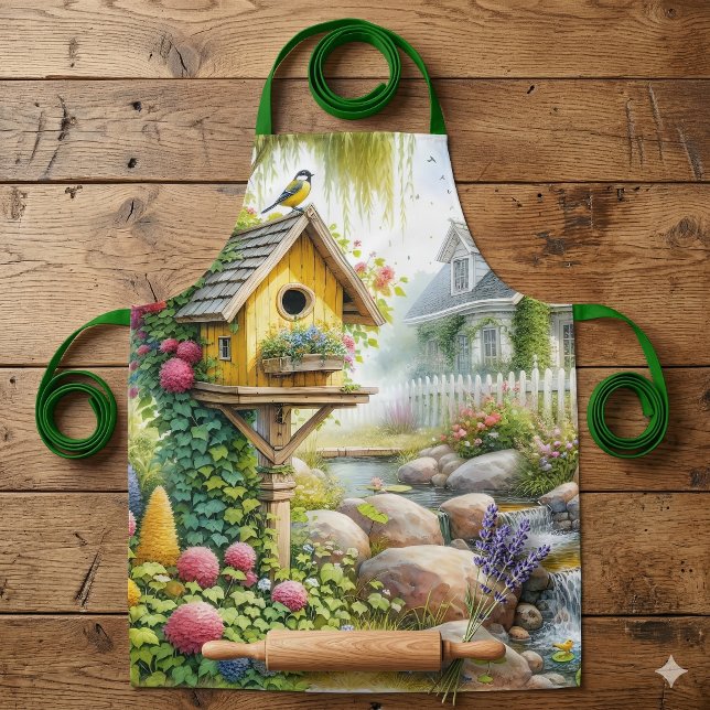 Launisches Cottage-Garten-Vogelhaus Bach Schürze (Whimsical Cottage Garden Birdhouse Stream Apron)