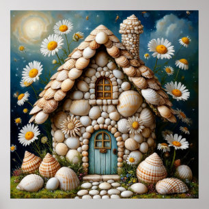 Launisches Cottage mit lebendigem Blumengarten Poster