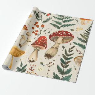 Launisches Cottagecore-Pilz- und Farn-Muster Geschenkpapier