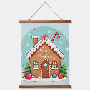 Launisches Gingerbread-Haus-Weihnachtsszene Wandteppich Mit Holzrahmen