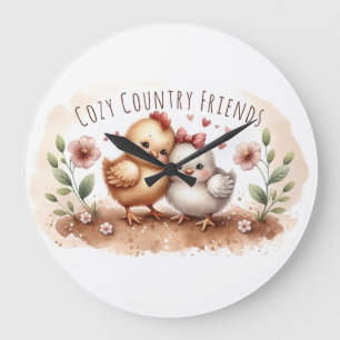 Launisches Hühner-Duo Cottagecore-Wasserfarbe Große Wanduhr