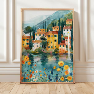 Launisches italienisches Seeufer-Dorf Kunstprint Poster