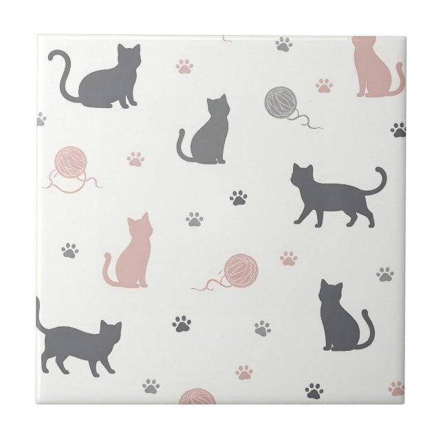 Launisches Katzen- und Garn-Silhouettenmuster Fliese (Vorderseite)