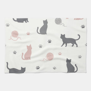 Launisches Katzen- und Garn-Silhouettenmuster Geschirrtuch