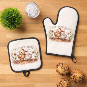 Launisches Küken-Duo Cottagecore-Aquarell Ofenhandschuh & Topflappen-Set
