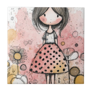 Launisches Mädchen-Aquarell mit floralen Akzenten  Fliese