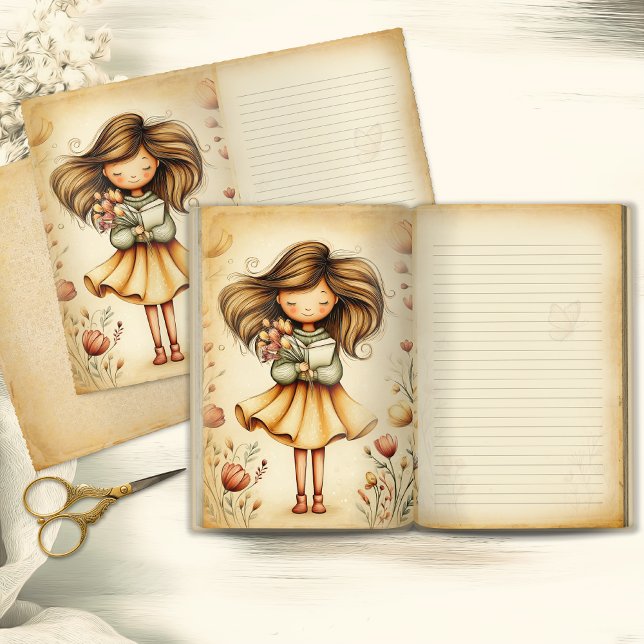 Launisches Mädchen mit Buch- und Blumenjournalseit (Von Creator hochgeladen)