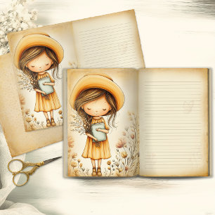 Launisches Mädchen mit Hut Vintage-Junk-Journal-Se