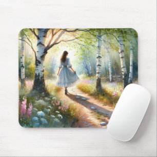 Launisches Mädchen tanzt durch Birkenwald Mousepad