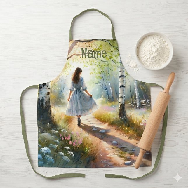 Launisches Mädchen tanzt durch Birkenwald Schürze (Whimsical Girl Dancing Through Birch Forest Apron)