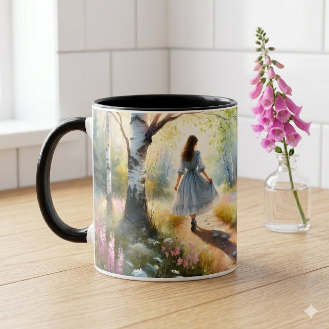Launisches Mädchen tanzt durch Birkenwald Tasse (Whimsical Girl Dancing Through Birch Forest Mug)