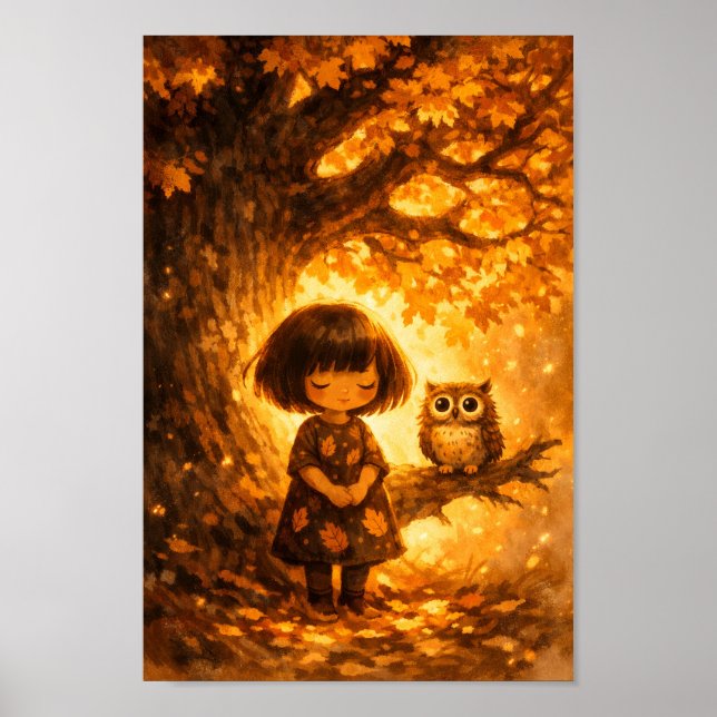 Launisches Mädchen und Eule - Eichenbaum Herbst Öl Poster (Vorne)