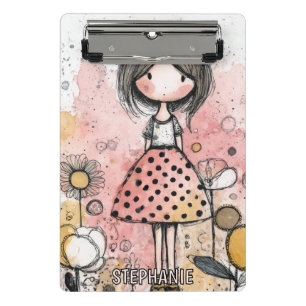 Launisches Mädchen-Wasserfarben mit floralen Akzen Mini Klemmbrett