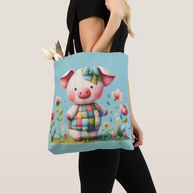 Launisches Patchwork-Schwein im Blumen Garten (Von Nahem)
