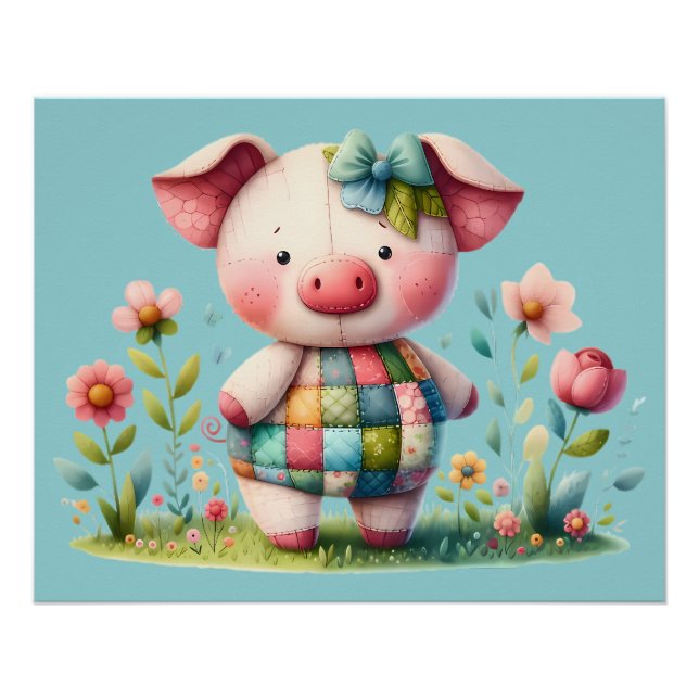 Launisches Patchwork-Schwein im Blumen Garten Poster (Vorderseite)