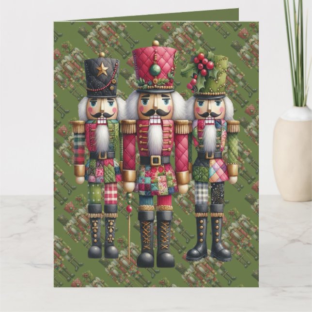 Launisches Patchwork-Weihnachts-Nussknacker-Trio Karte (Vorderseite)