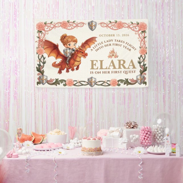 Launisches Rittermädchen und Drache zum ersten Geb Banner (Party)