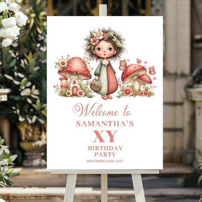 Launisches Rosa-Feenzauber-Geburtstags-Willkommens Poster (Whimsical Pink Fairy Blush Birthday Welcome Sign)