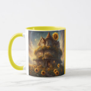 Launisches Sonnenblumenhaus auf einem Feld von Son Tasse