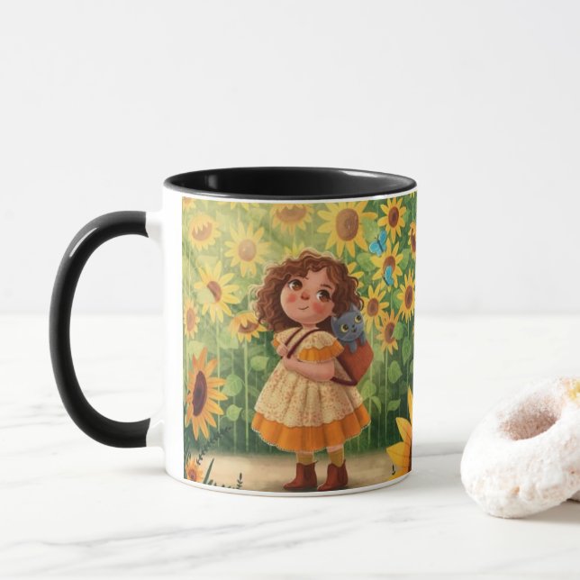 Launisches Sonnens Mädchen mit Katze – Kind Ones C Tasse (Mit Donut)