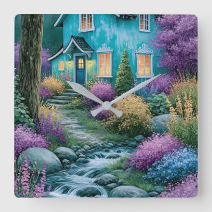 Launisches Türkis-Cottage Verzauberter Garten Wand Quadratische Wanduhr