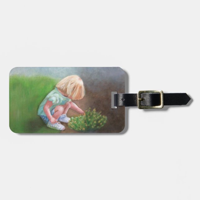 "Laura" Ölmalerei kleine Mädchen picken Blume Gepäckanhänger (Vorderseite horizontal)