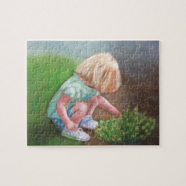 "Laura" Ölmalerei kleine Mädchen picken Blume Puzzle (Horizontal)