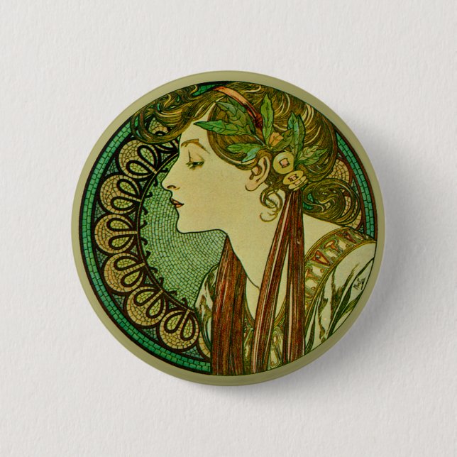 Laurel, Alphonse Mucha Vintager Jugendstil Button (Vorderseite)