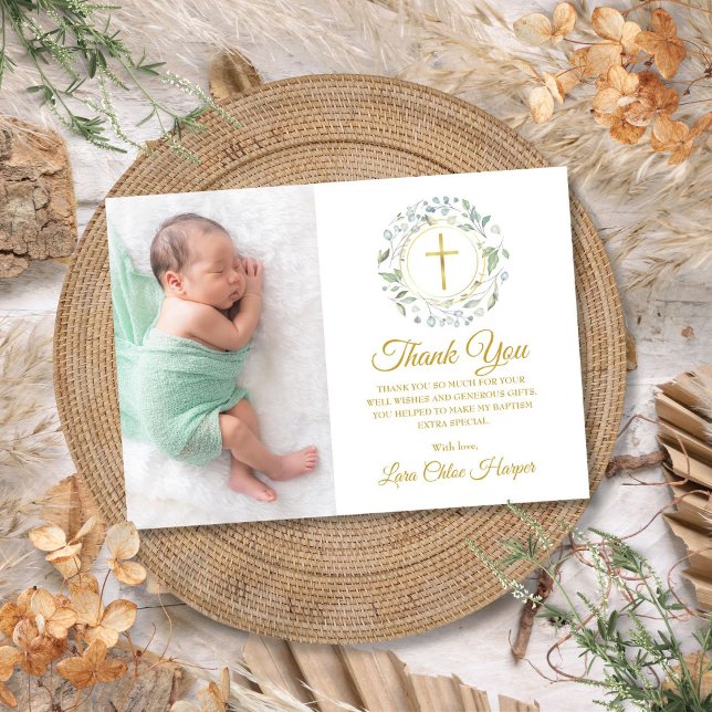 Laurel Floral Taufe, Christening Foto Dankeskarte (Laurel Floral Baptism, Christening Photo Thank You Card)