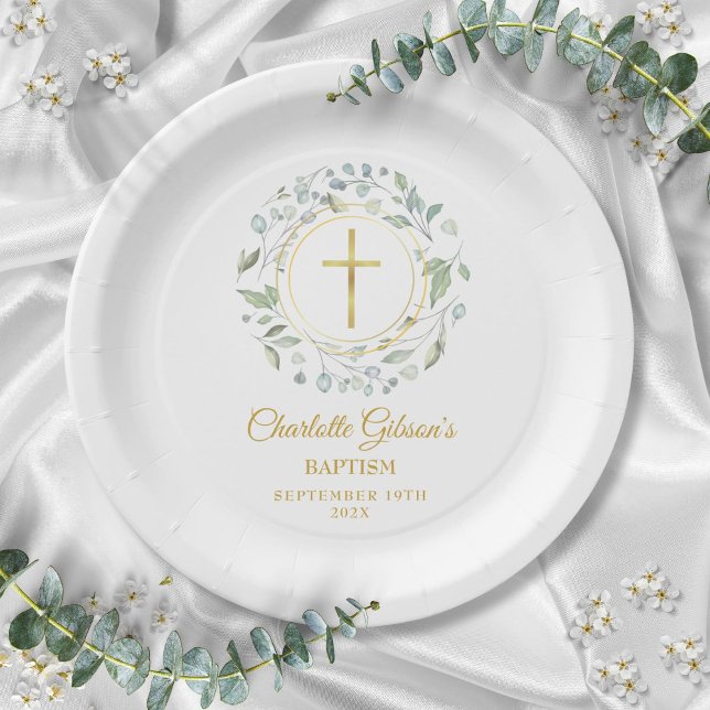 Laurel Garland Imitate Gold Foil Taufe Christening Pappteller (Laurel Garland Faux Gold Foil Baptism Christening Paper Plates)